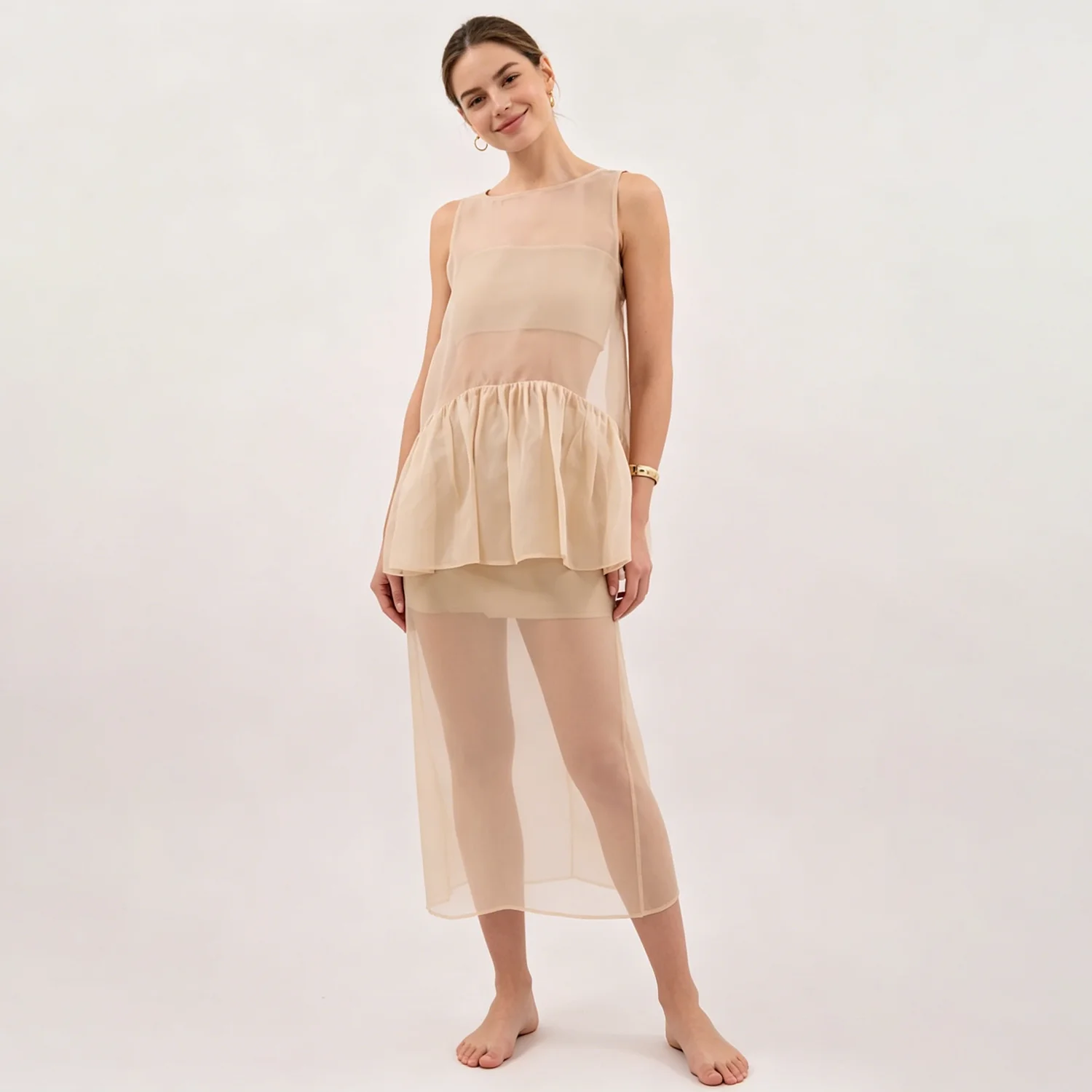

LIMO Sheer Mesh Sleeveless Top Women Ruffle Hem Flowy See-Through Blouse