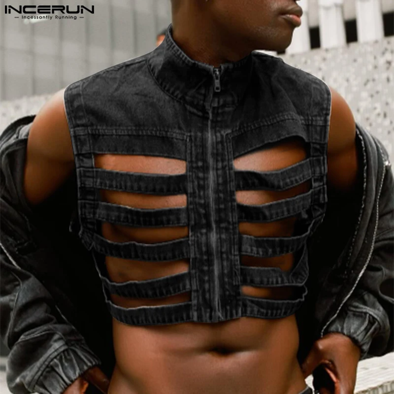 INCERUN Tops 2024 American Style Fashion Men Hollow Zipper Design Vests Male Personality Cropped Burn-out Sleeveless Vests S-5XL