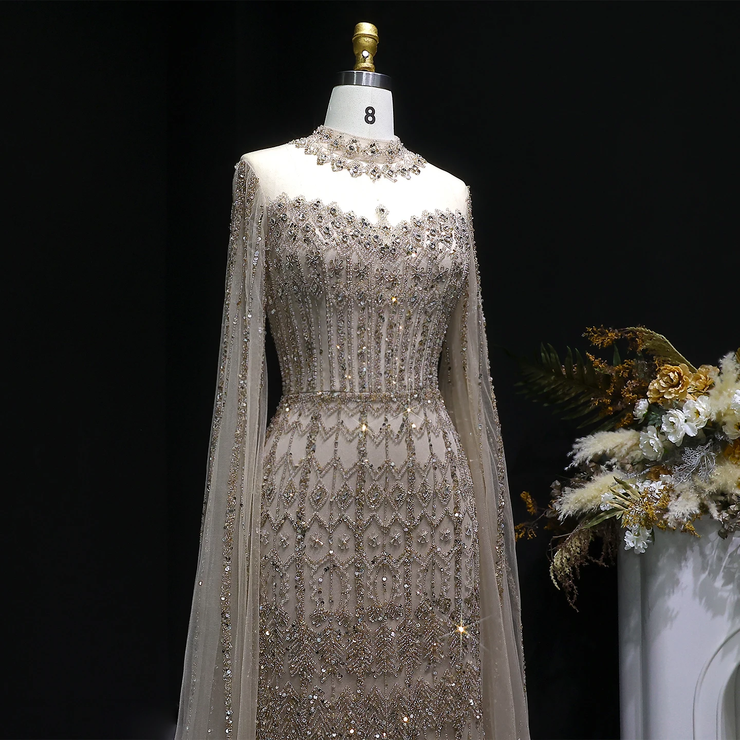 Sharon Said Luxuriöses Blaues Tüll-Abendkleid mit Cape-Ärmeln, Kristall-Pailletten, Damen-Hochzeitskleid, Partykleid, Ballkleid SS150, Maßanfertigung – Detail 13