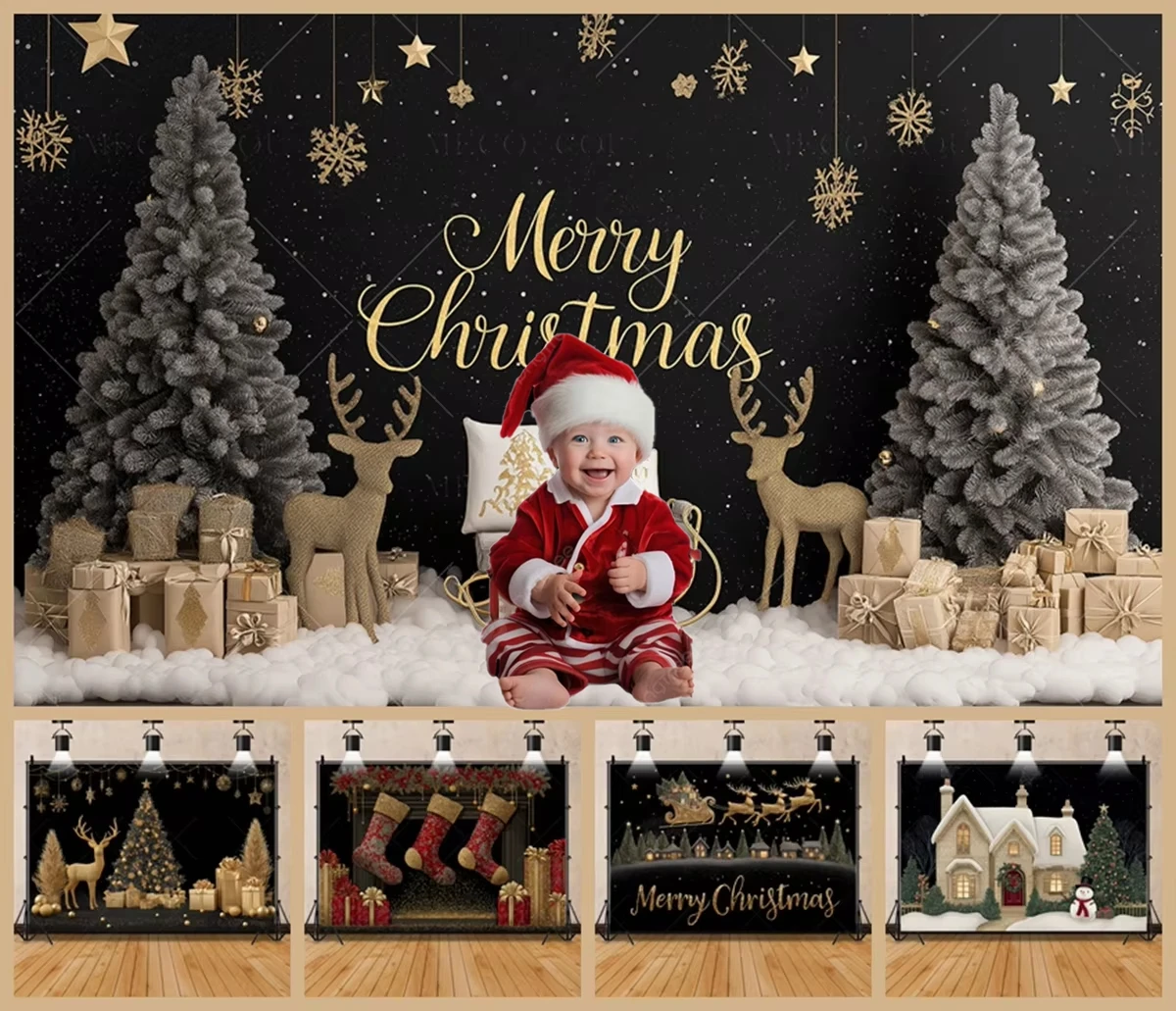 

Christmas Decoration Black Gold Background Christmas Tree Red Stocking Gold Deer Family Party Holiday Celebration Photography