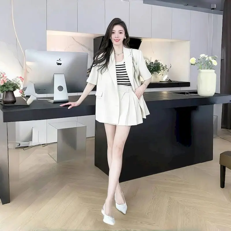 Short Sleeve Blazer Set for Women Summer Thin Temperament Casual High-end Fashion Blazers and Skirts 2 Piece Sets Womens Outfits