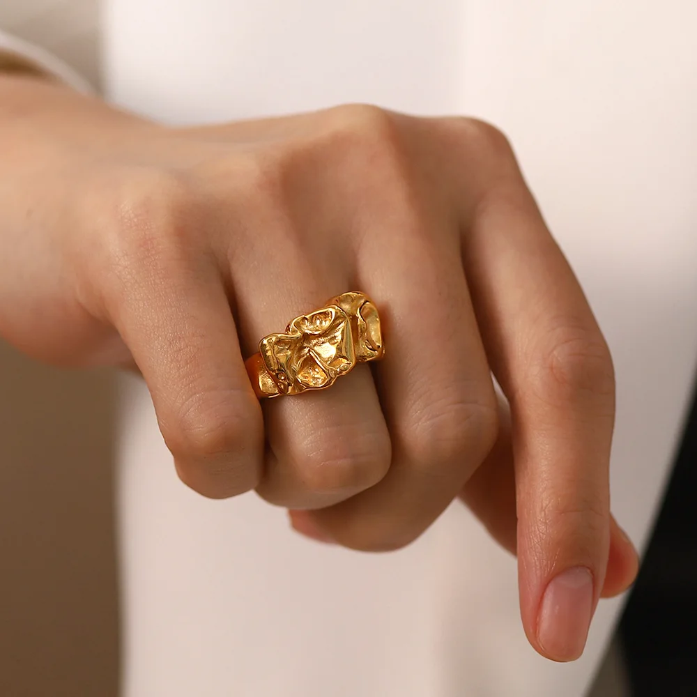 Stainless Steel PVD 18K Gold Plated Tarnish Irregular Fold Stackable Rings For Woman Jewelry Wholesale 2023 Trendy