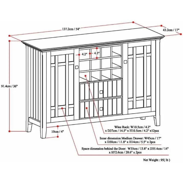Aparador rústico Bedford de madeira maciça de pinho de 54 polegadas em cinza envelhecido com 2 portas, 2 gavetas e
