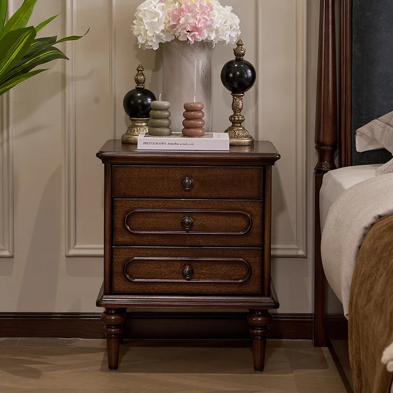 

French solid wood bedside table American retro three-drawer bedside cabinet locker medieval bedroom furniture