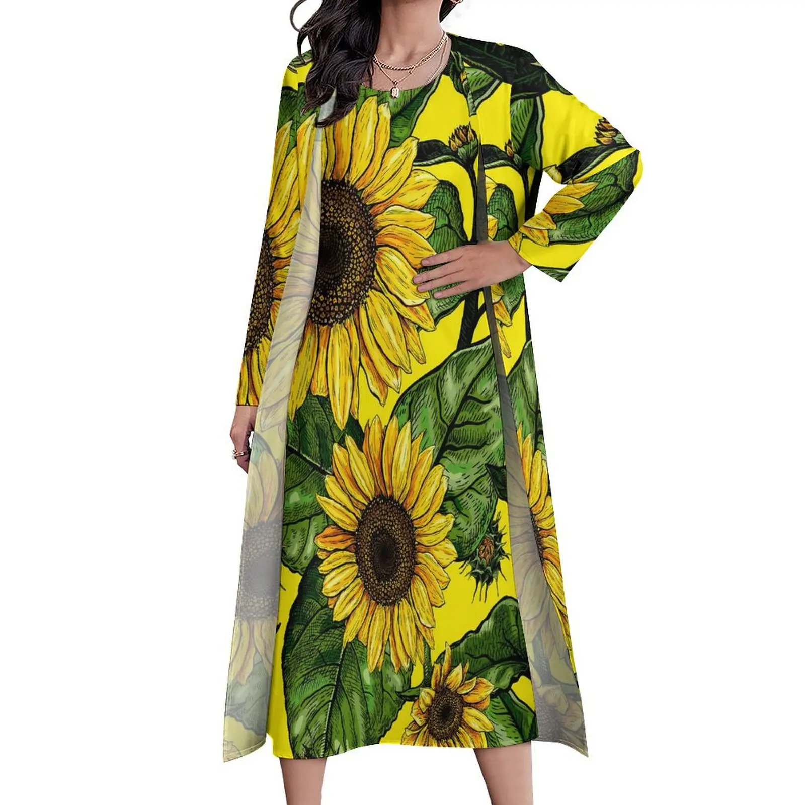 

Retro Sunflower Dress Floral Design Party Maxi Dress Two Piece Graphic Bohemia Long Dresses Korean Fashion Oversized Vestido