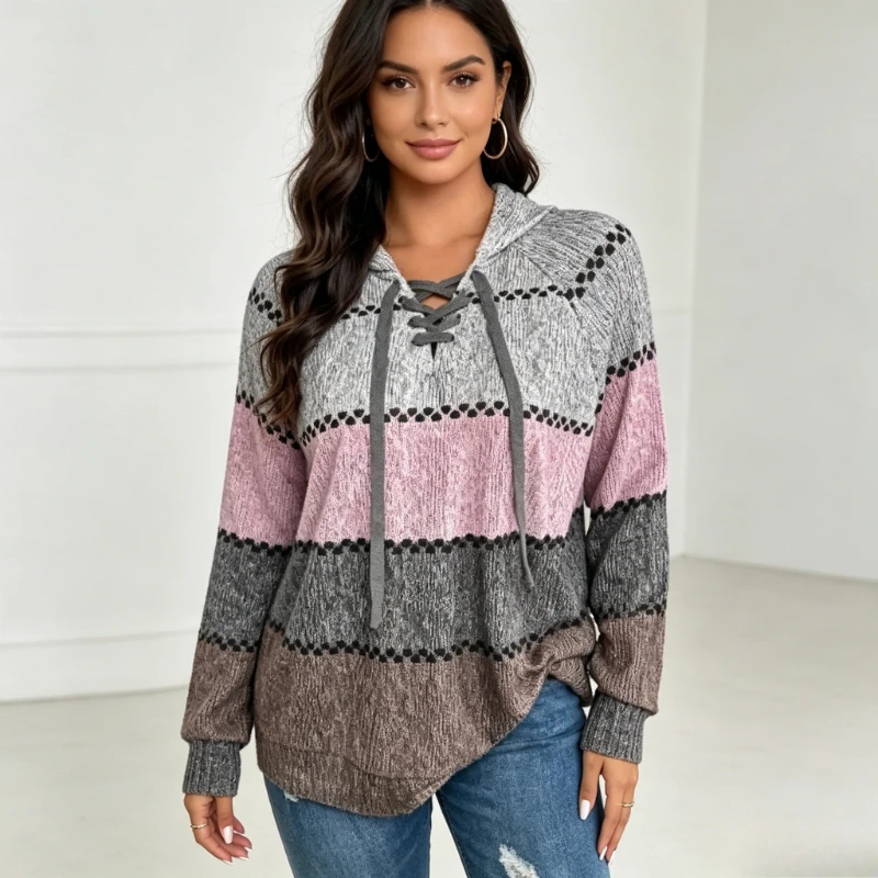 Women Multicolor Stripe Hoodie Knitted Top Lace Up Drawstring Long Sleeve Fit Color Block Sweater Casual Daily Wear Pullover