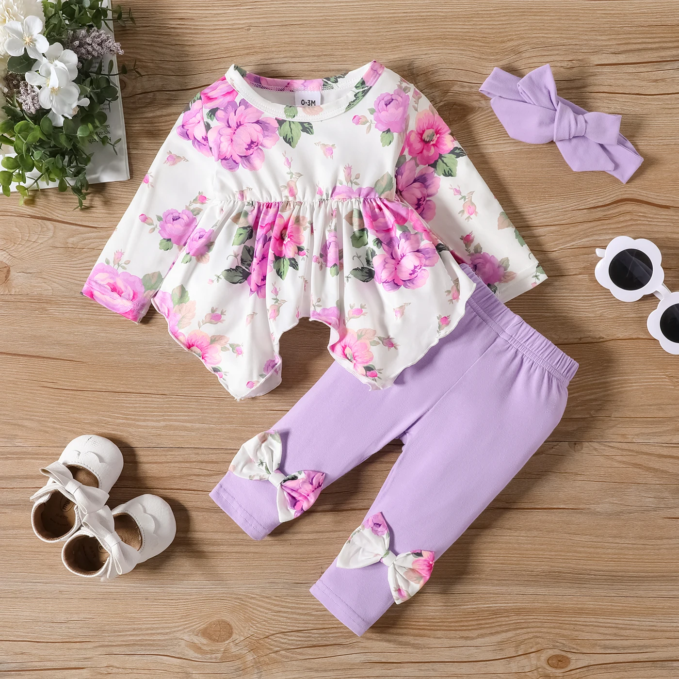 PatPat 3pcs Baby Girl Allover Floral Print Ruffle Long-sleeve Romper and 95% Cotton Bow Decor Pants & Headband Set