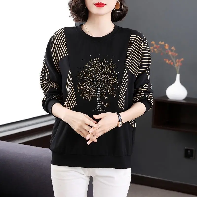 Mode Losse Diamanten Spliced Truien T-shirt Lente Koreaanse Alle-Wedstrijd Lange Mouwen Effen Gedrukt Tops Vrouwen Kleding