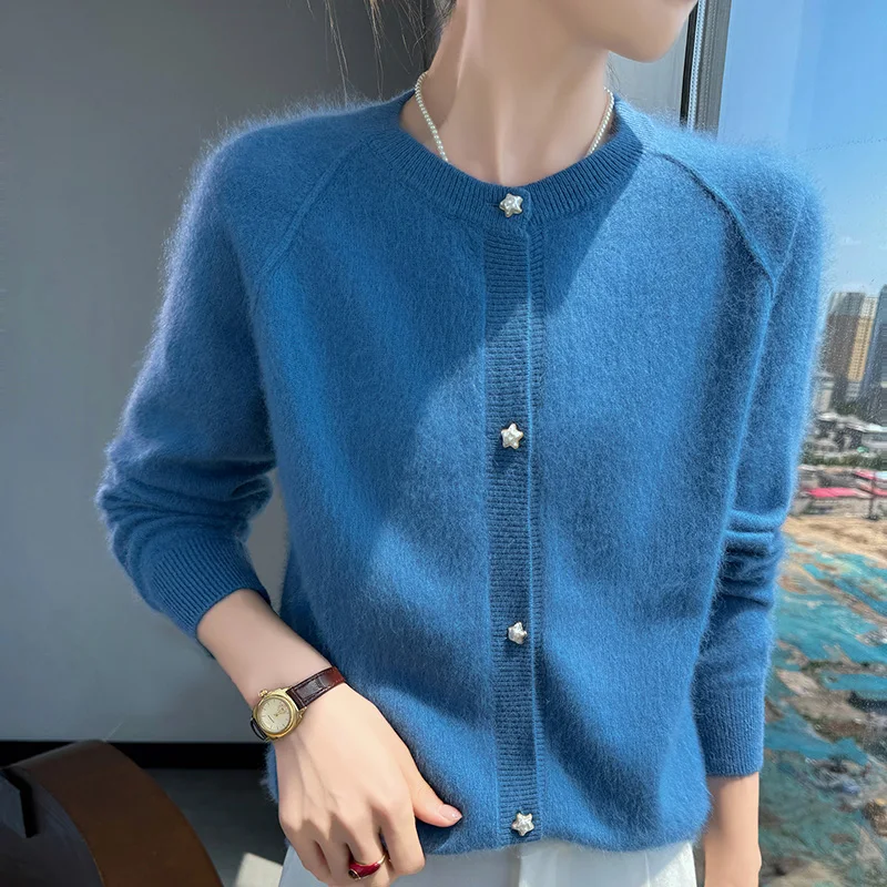 

Elegant Warm 100% Mink Cashmere Cardigan Sweater For Winter Women O-Neck Long Sleeve Knitwear Basic Clothing Tops