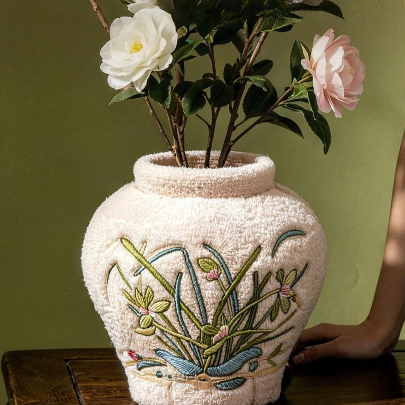New Chinese Ruyi Jar Plush Ornament, Embroidery Tabletop Decor Figurine, Birthday Gift for Living Room Entryway Home Decoration