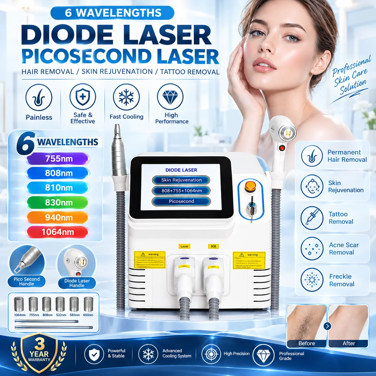 NEW Professional FAC 2 IN 1 Diode 4500W Lase Hair Removal Machine Pico Qswitch ND YAG Tattoo Removal Machine 3 Waves 808NM
