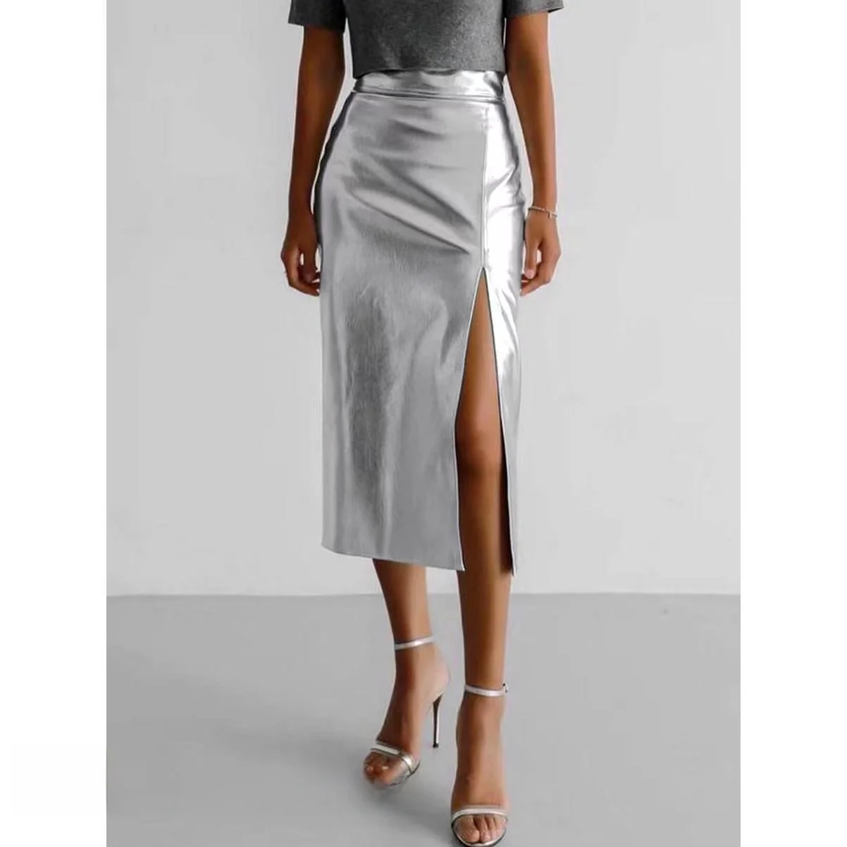 

Модная женская юбка из искусственной кожи с высокой талией, прямого кроя, средней длины, осенняя коллекция, высокое качество, цветная