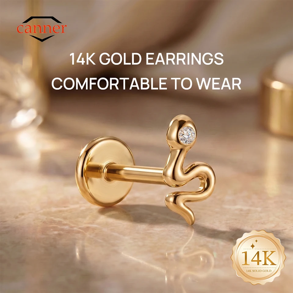 

CANNER 1PC 14K Solid Gold Snake Geometric CZ G23 Titanium Flat Back Piercing Stud Earring For Women Hypoallergenic Ear Bone Gift