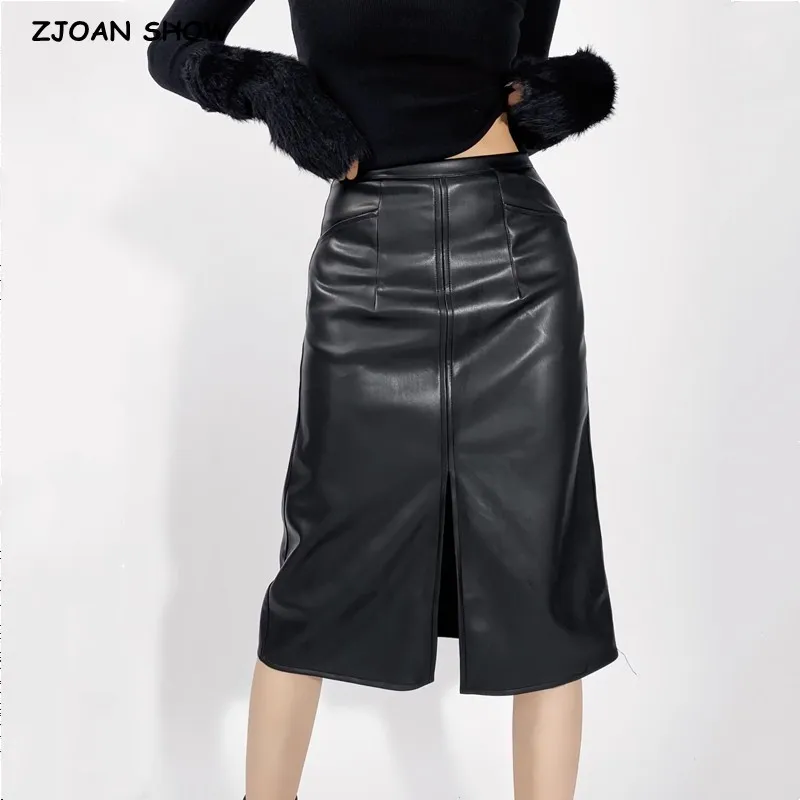 

Autumn Winter Sexy Black Front Slit Below Knee Length PU Leather Skirt Women Package Hips A-line Skirts