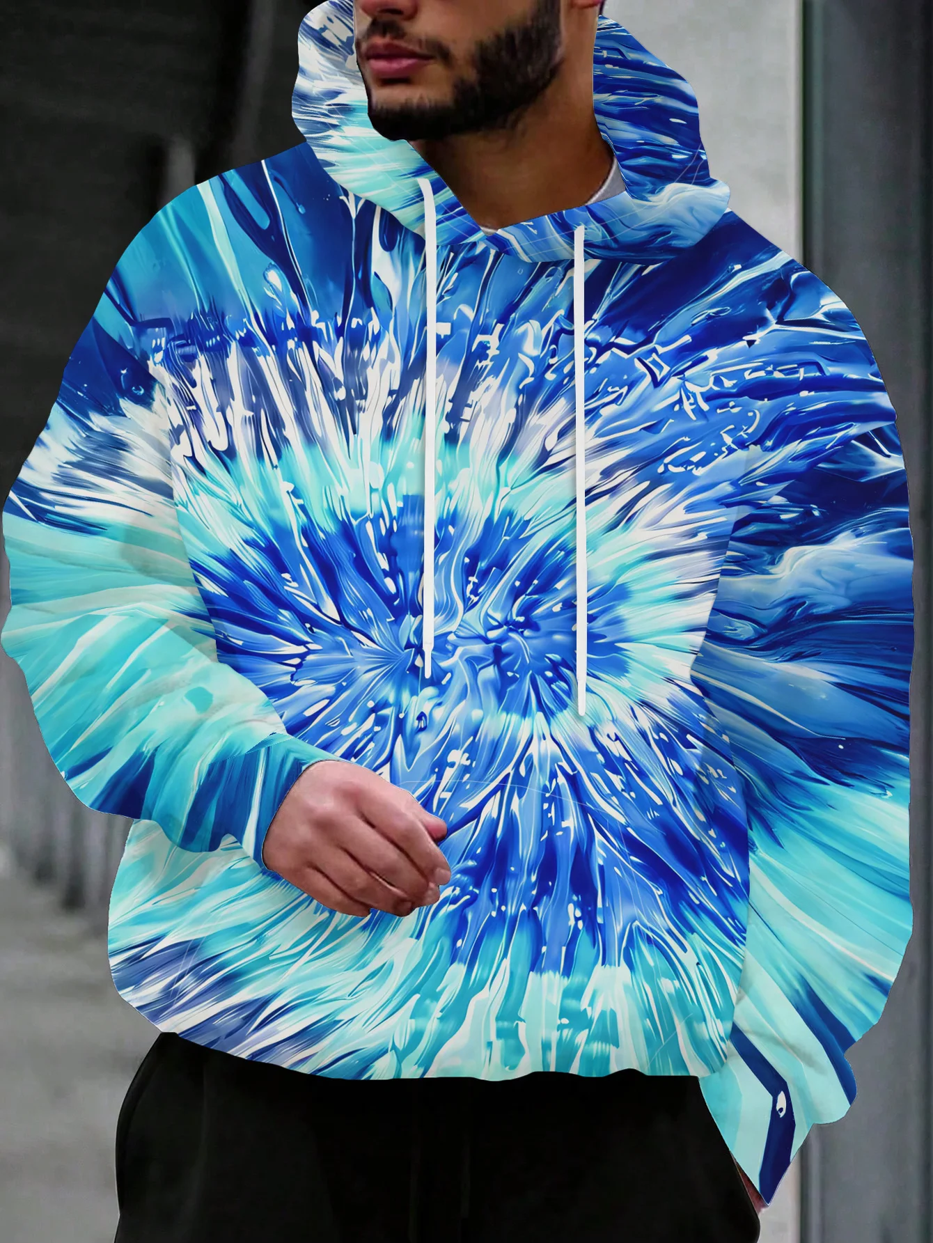 Men Blue Cyan Spiral Tie Dye Abstract Swirl 3D All Over Print Hoodie Fashion Gradient Graphic Casual Sweatshirt