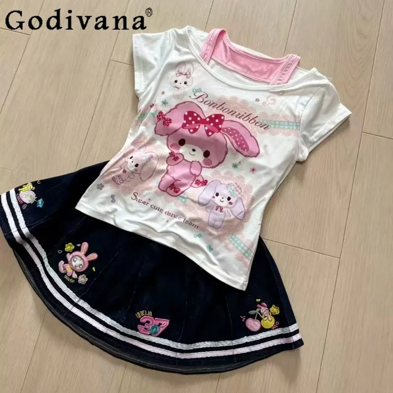 

Japanese Girl's Kawaii Cartoon Print Neck Top and Skirt 2-piece Daughter Cute Clothes Matching Sets T-shirt Short Skirt Outfit