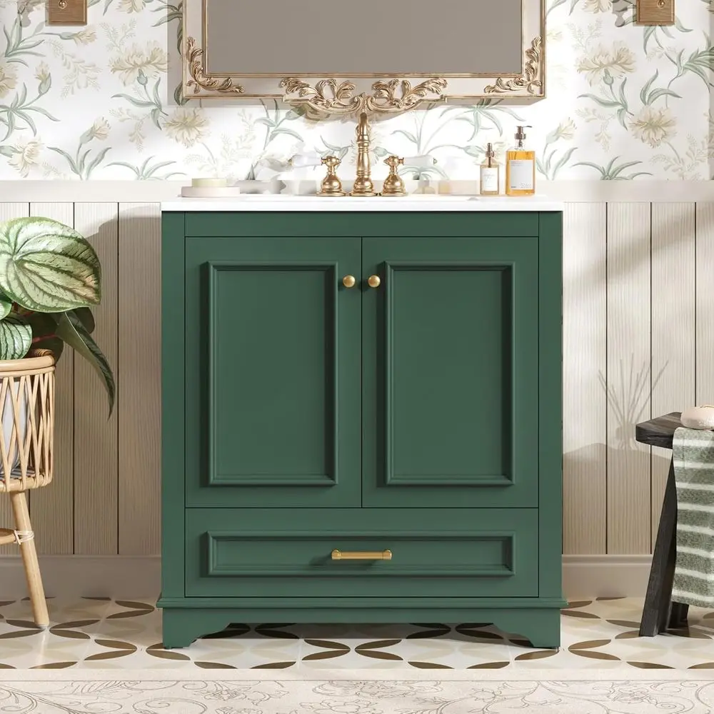 

30 Solid Wood Bathroom Vanity with Ceramic Sink Top and Adjustable Storage Cabinet