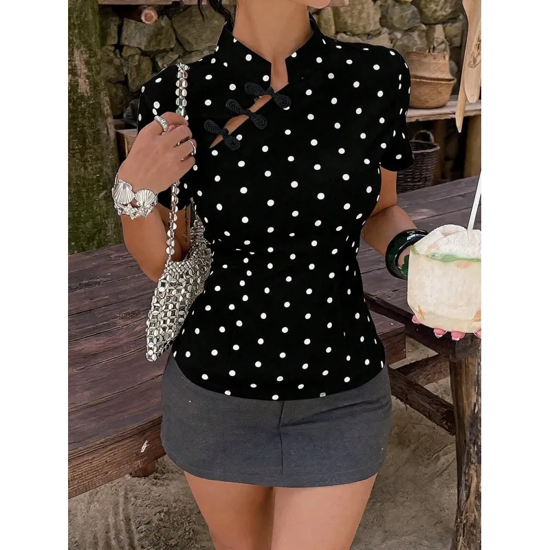 2026 summer new polka dot stand up collar short sleeved shirt for women, slim fit and slimming, spicy girl top