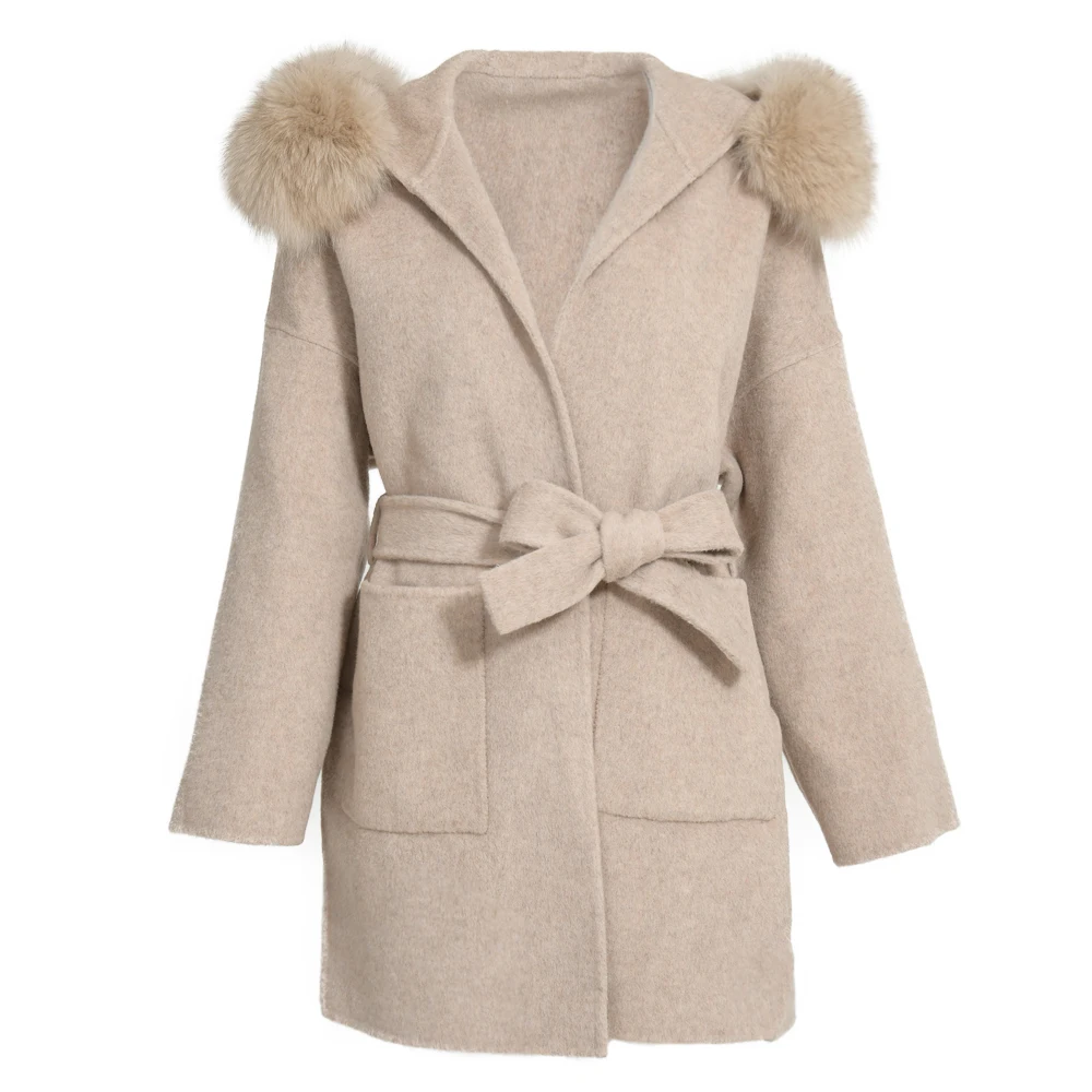 Jxwatcher wollen jas en mengsels mode middellange kasjmier jas met capuchon 100% echte vossenbontkraag manchetten winterjas voor dames