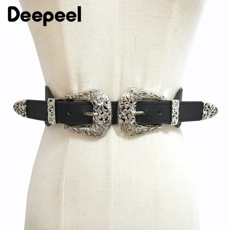 1Pc 4*68cm Women Elastic Double Buckle Belts Cummerbunds Chain Ladies Waistband with Dress Fashion Decoration Punk Belt Corset