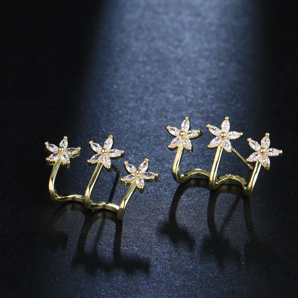 GMGYQ The New Luxury Commuter Zircon Flower Earrings One Earring with three Piercings Effect Female Earrings Gift