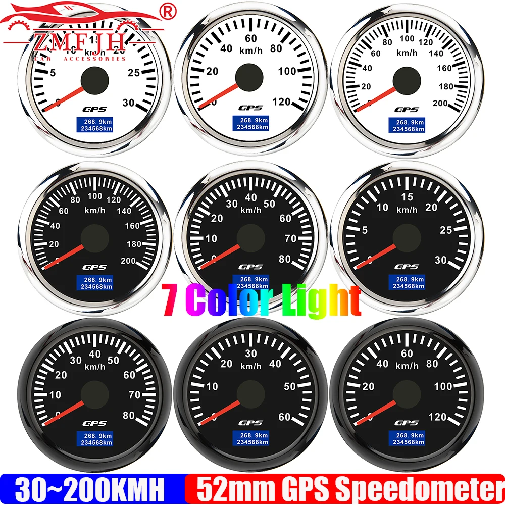 

ZMFJH 30KMH,60KMH,80KMH,120KMH,200KMH 52 мм GPS-спидометр с антенной, 7-цветной подсветкой и индикатором пробега для автомобиля, лодки, яхты, водонепроницаемый
