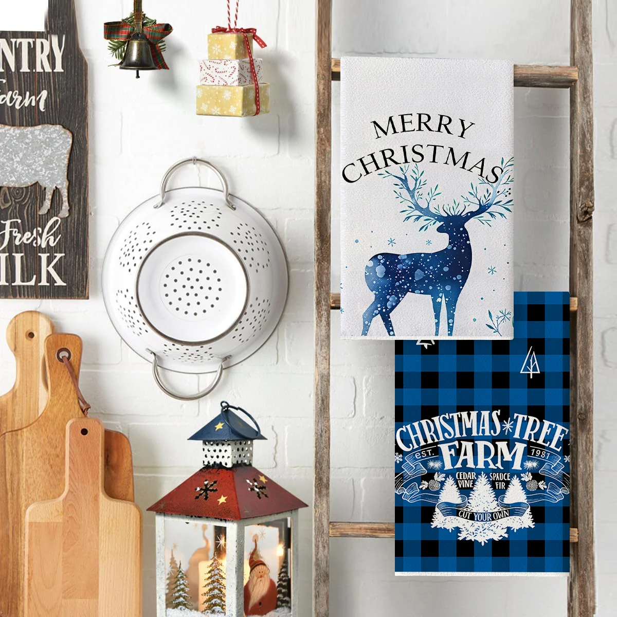 2/4 قطعة مناشف مطبخ عيد الميلاد، أزرق أسود شبكة الجاموس مزرعة شجرة عيد الميلاد شاحنة نمط أطباق، منشفة سهلة التنظيف #5