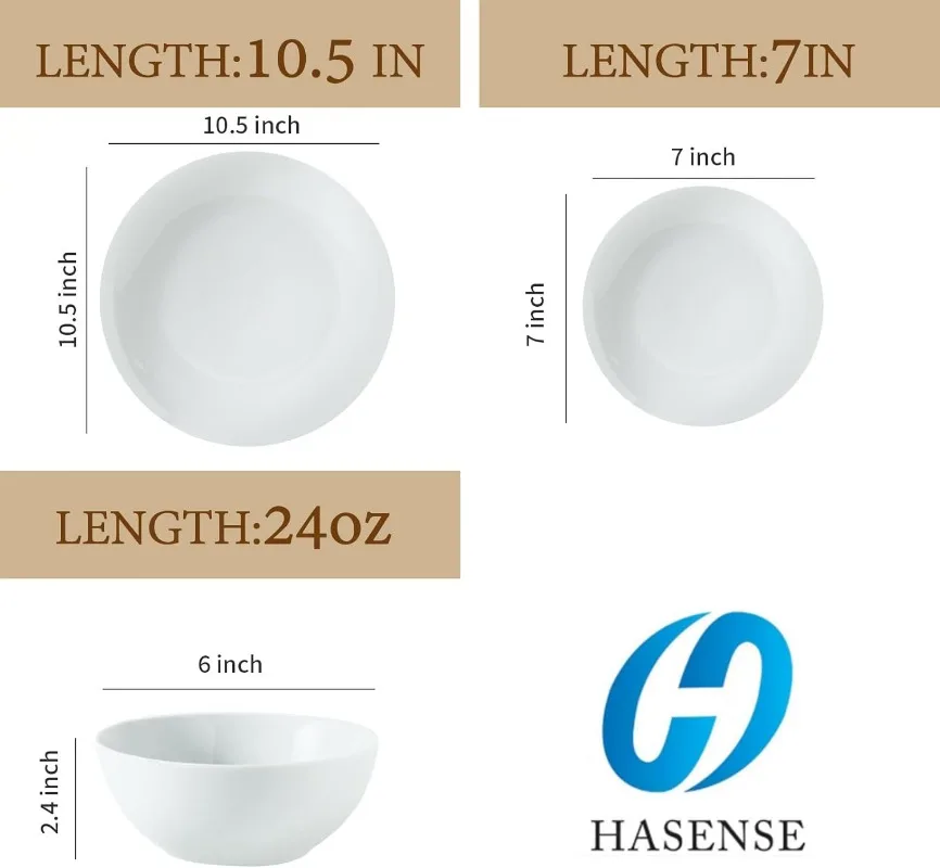 Hasense Ceramic Dinnerware Set, Plates and Bowls Set of 4, 12 Pieces Classic White Dish Set for Dinner Service, Chip and Scratch