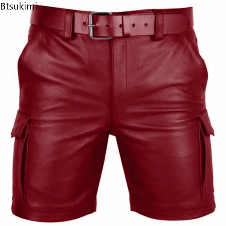 New Solid Color PU Leather Pants Fashion Casual Men's Short Leather Pants Summer Fashion Trend Club Punk Style Shorts for Men