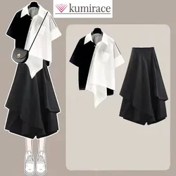 Korean Patchwork Shirt T-shirt Irregular Half Skirt Two-piece Set Elegant Women's Skirt Set Summer Casual Full Set Clothing