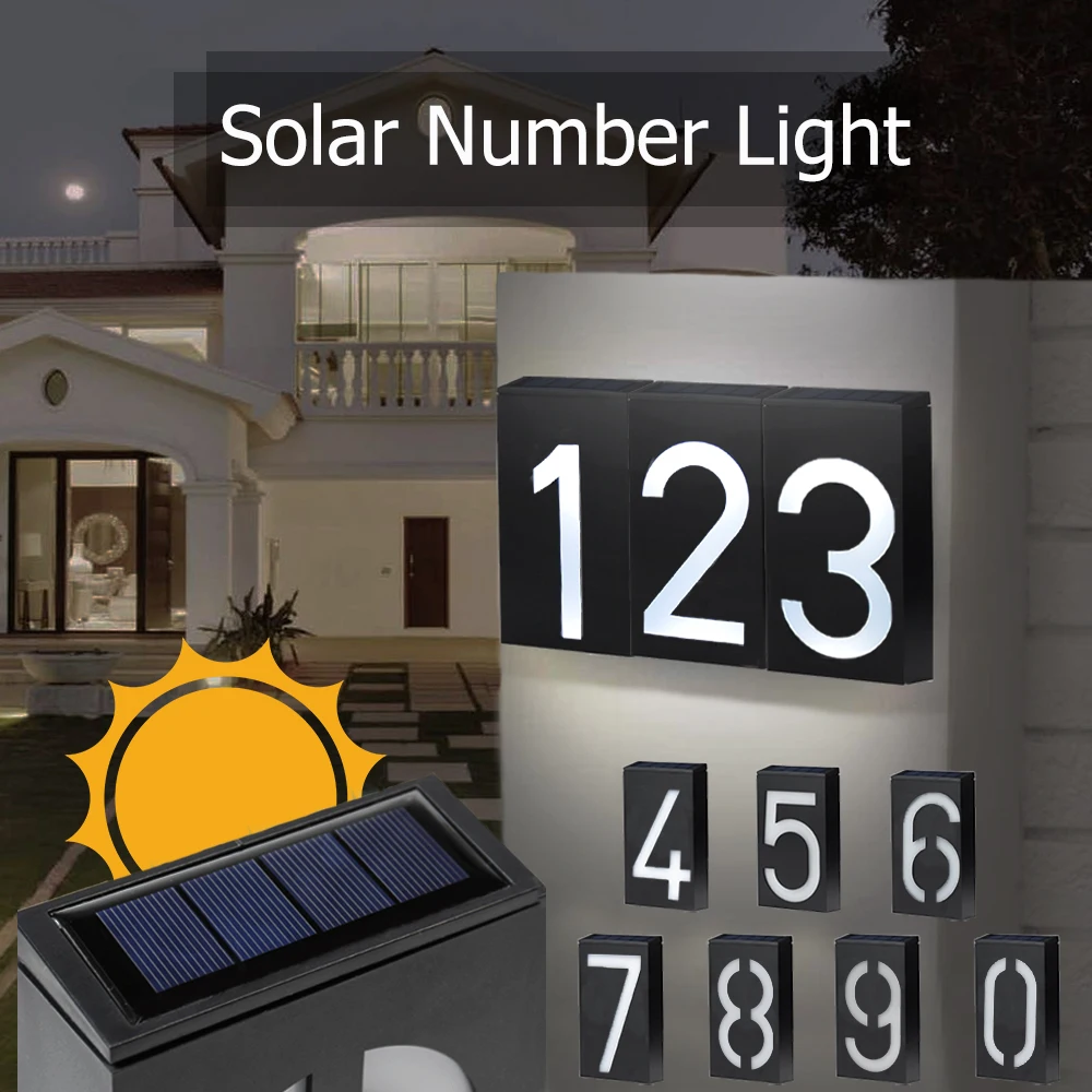 Solar Powered LED House Number Address Sign Plaque Garden Solar Lamp Waterproof Solar Doorplate Number Lamp Outdoor Lighting