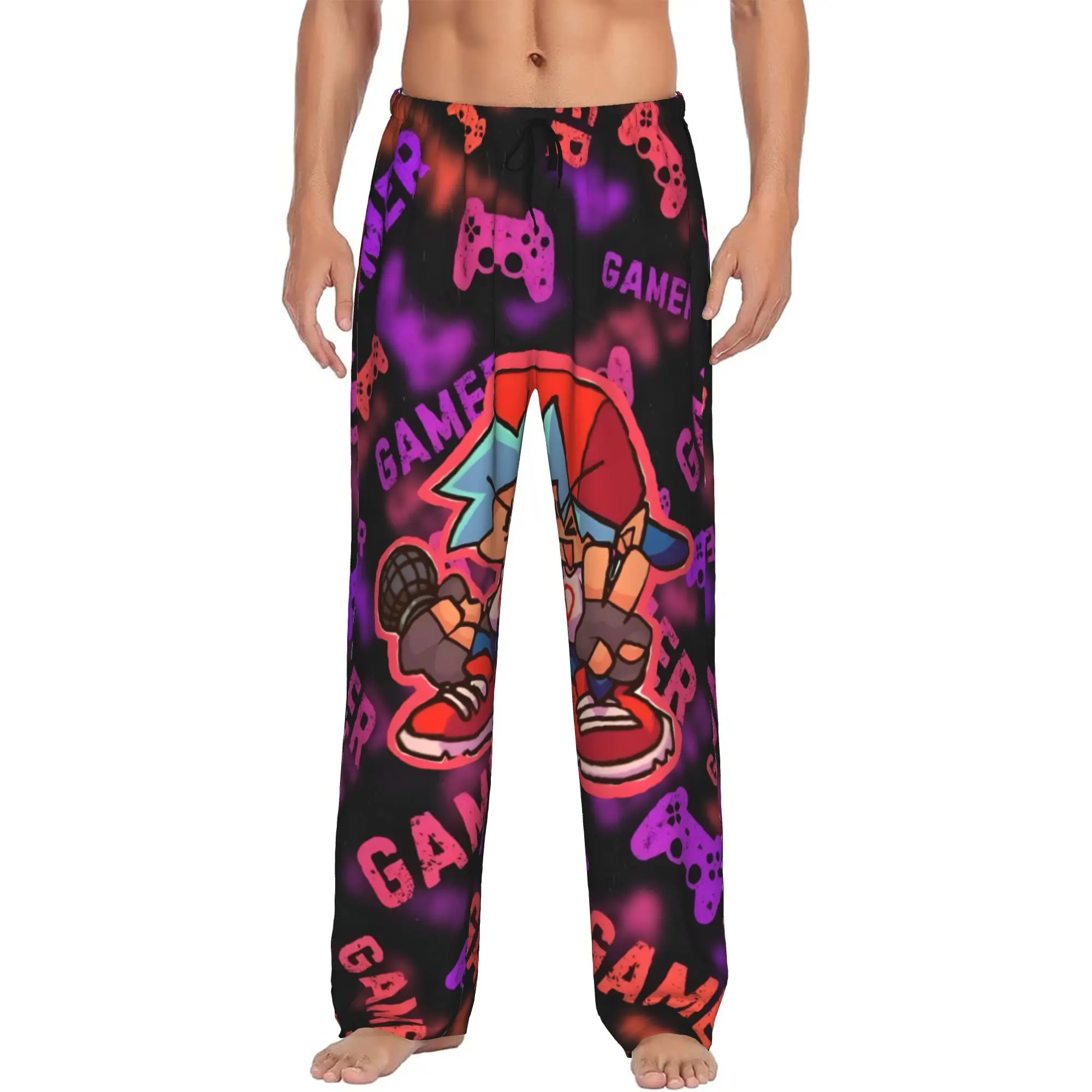 Custom Friday Night Funkin Pajama Pants for Men Music Game Lounge Sleep Drawstring Sleepwear Bottoms with Pockets