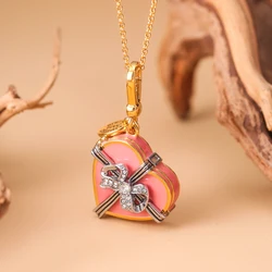 Fashion Romantic Zircon Bow Pink Openable Heart Pendant Necklace for Women Keychain Pendant Sweet Party Jewelry Halloween Gifts