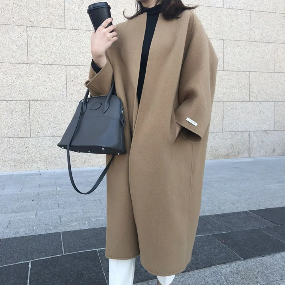 Damen-Cardigan aus Mischgewebe, Rundhals, Langer Mantel, Lässiger Gerader Wollmantel, Locker Geschnitten, Volle Ärmel, Einfarbig, Spleiß-Design, Oberbekleidung, Regular 2025 – Detail 5