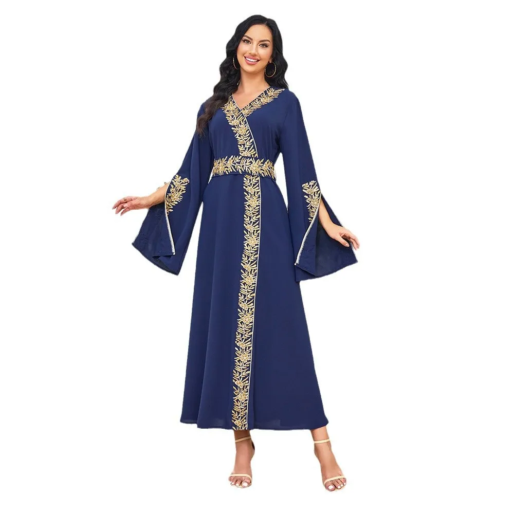 Muslim Robe Long Dress Dubai Robe Beaded Dress Waist Dress 2025 Autumn And Winter New Fashion Women's Clothing