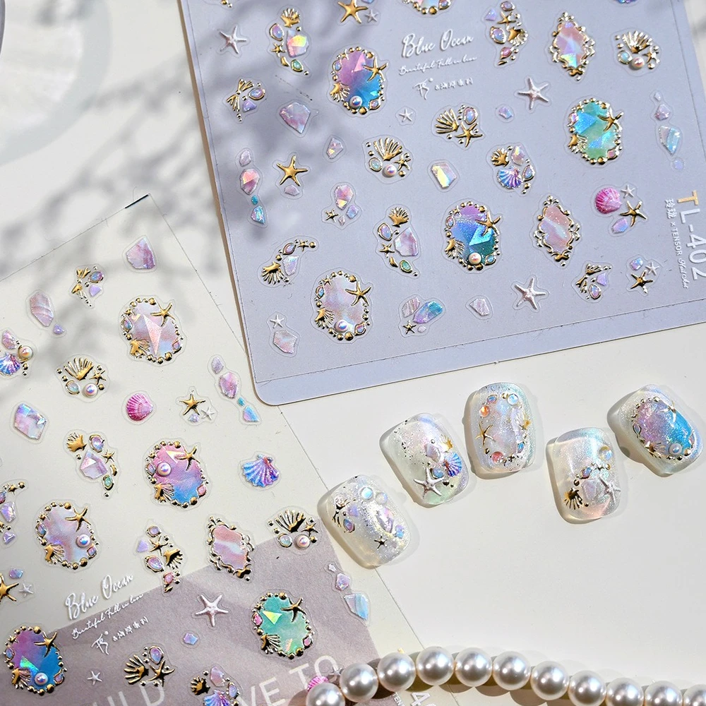 Estrella de mar de verano estampada en oro, concha de ensueño, perla polarizada, pegatinas 3D para decoración de uñas, medusas, Concha, Coral, mar de verano, calcomanías para manicura