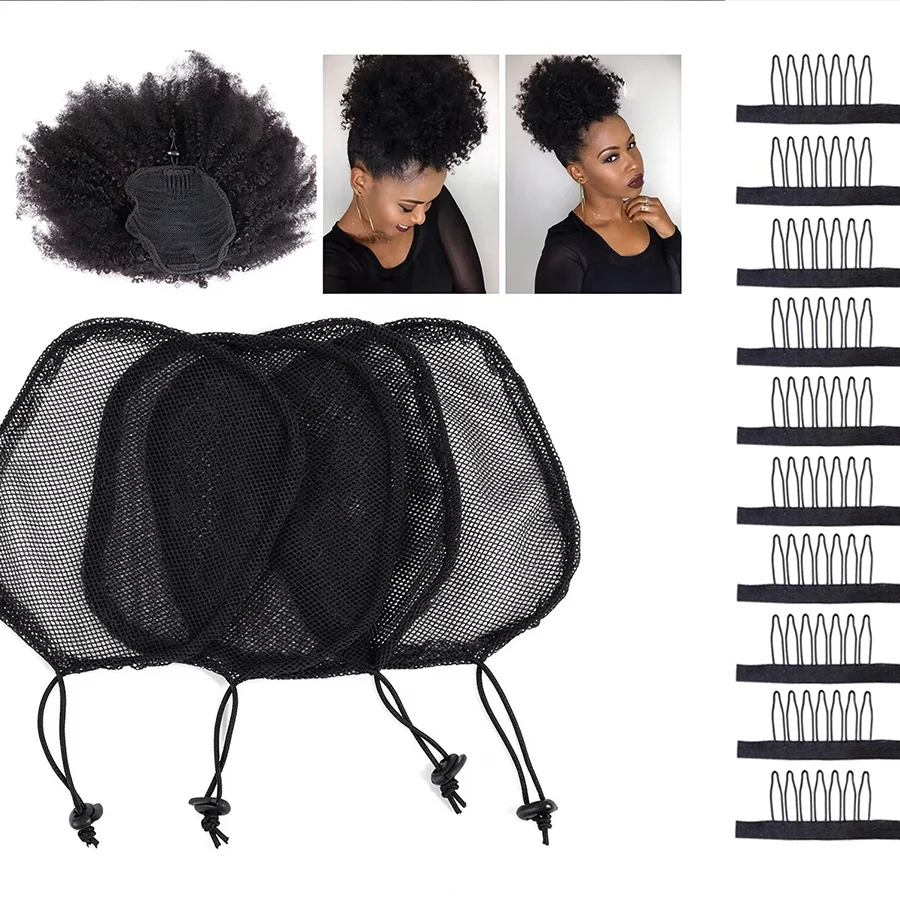 5Pcs Drawstring Afro Puff Hair Net with 10Pcs Wig Combs, Black Mesh Ponytail Bun Net Cap for DIY Afro Ponytail Wig Making