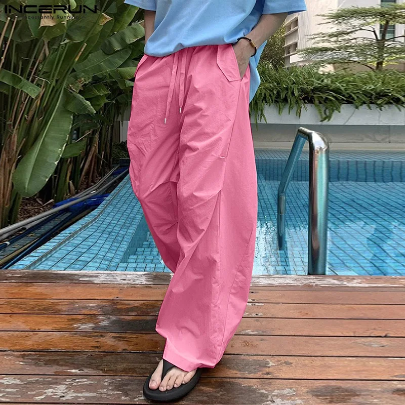 INCERUN 남성 카고 바지 Drawstring 솔리드 컬러 조깅 캐주얼 바지 남성 streetwear 2025 빠른 건조 패션 남성 바지 S-5XL