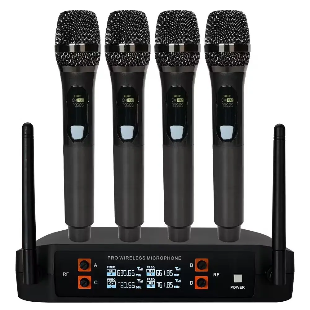 UHF 4 Channel Wireless Microphone System with 2 Cordless Handheld Mics Lavalier Headset Mics 328 Ft for Karaoke Party Wedding