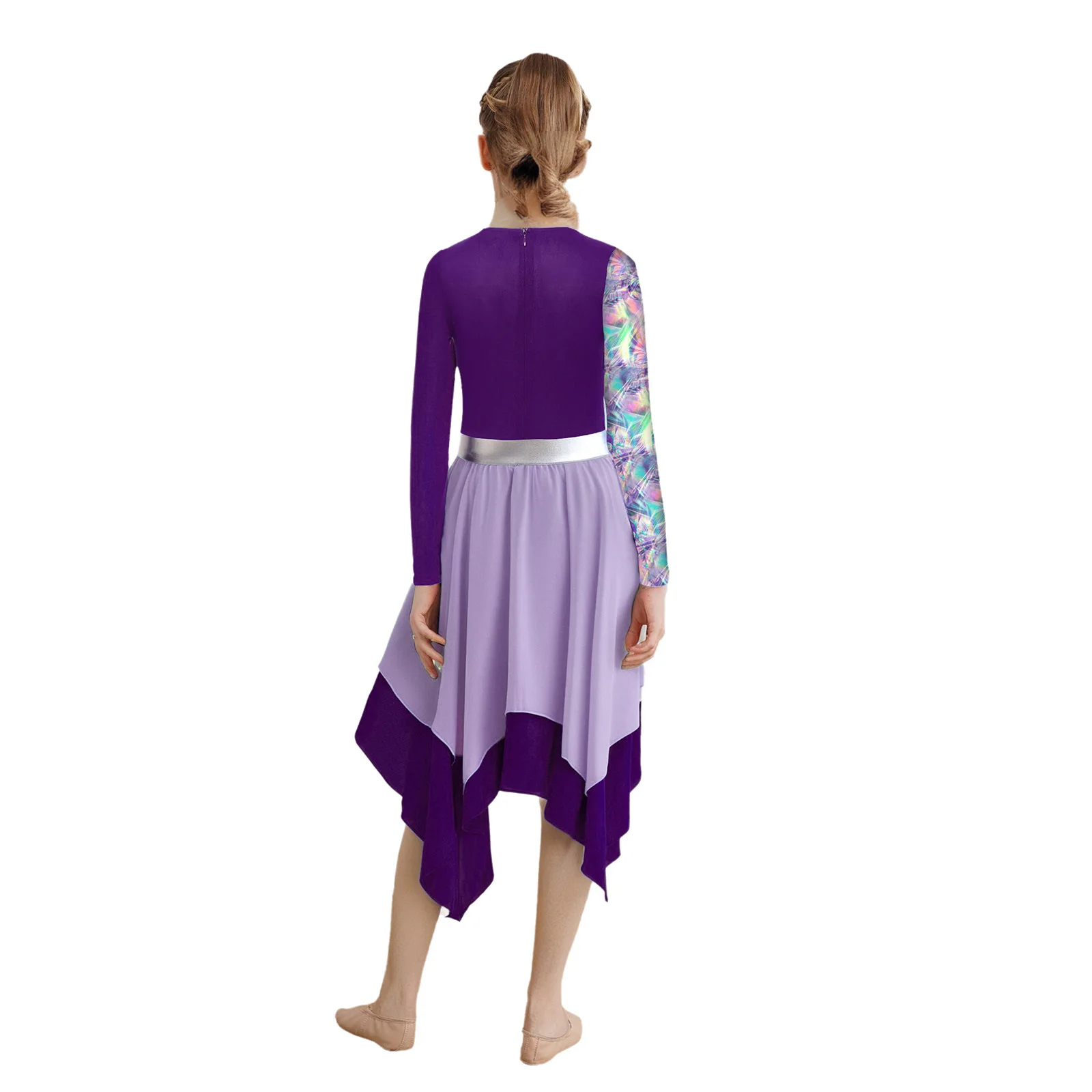 Dziewczęca sukienka do tańca liturgicznego z długim rękawem, metalicznym nadrukiem, strój do chwały, do kościoła, chóru, na występy, kostium do baletu, sukienki liryczne.