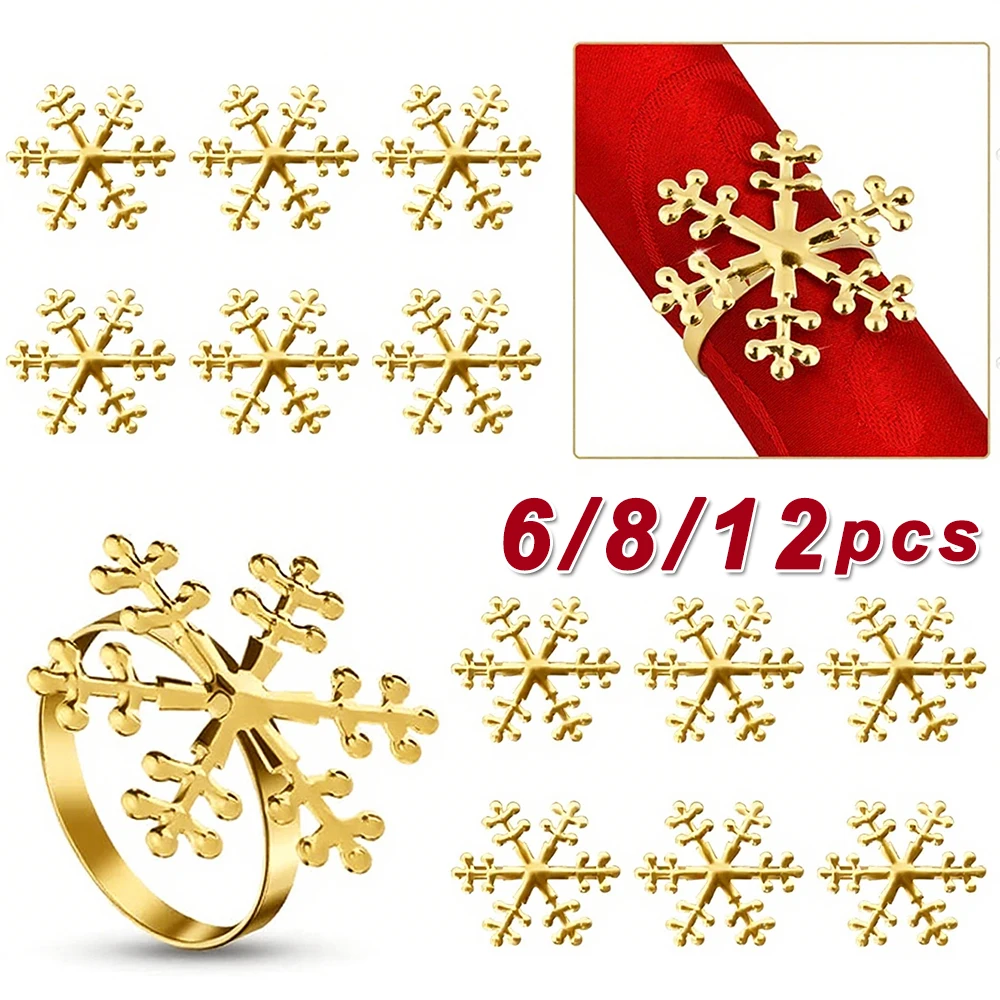 6/8/12Pcs Christmas Napkin Rings Gold Silver Snowflake Napkin Ring Holder for Xmas Wedding Party Holiday Dinner Table Decor