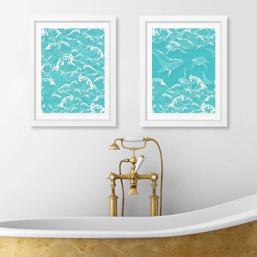 1pc frameless Canvas Painting Blue Ocean Waves With Whale Posters And Prints Wall Art Canvas Painting Wall Pictures Nautical Dec