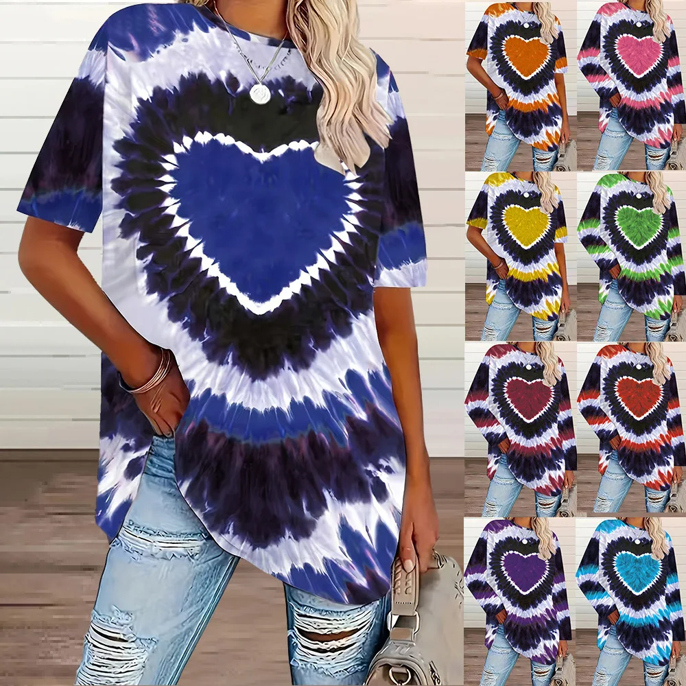 2025 novo tamanho grande feminino tie dye coração impressão camiseta primavera verão casual ort sve topo confortável respirável faion