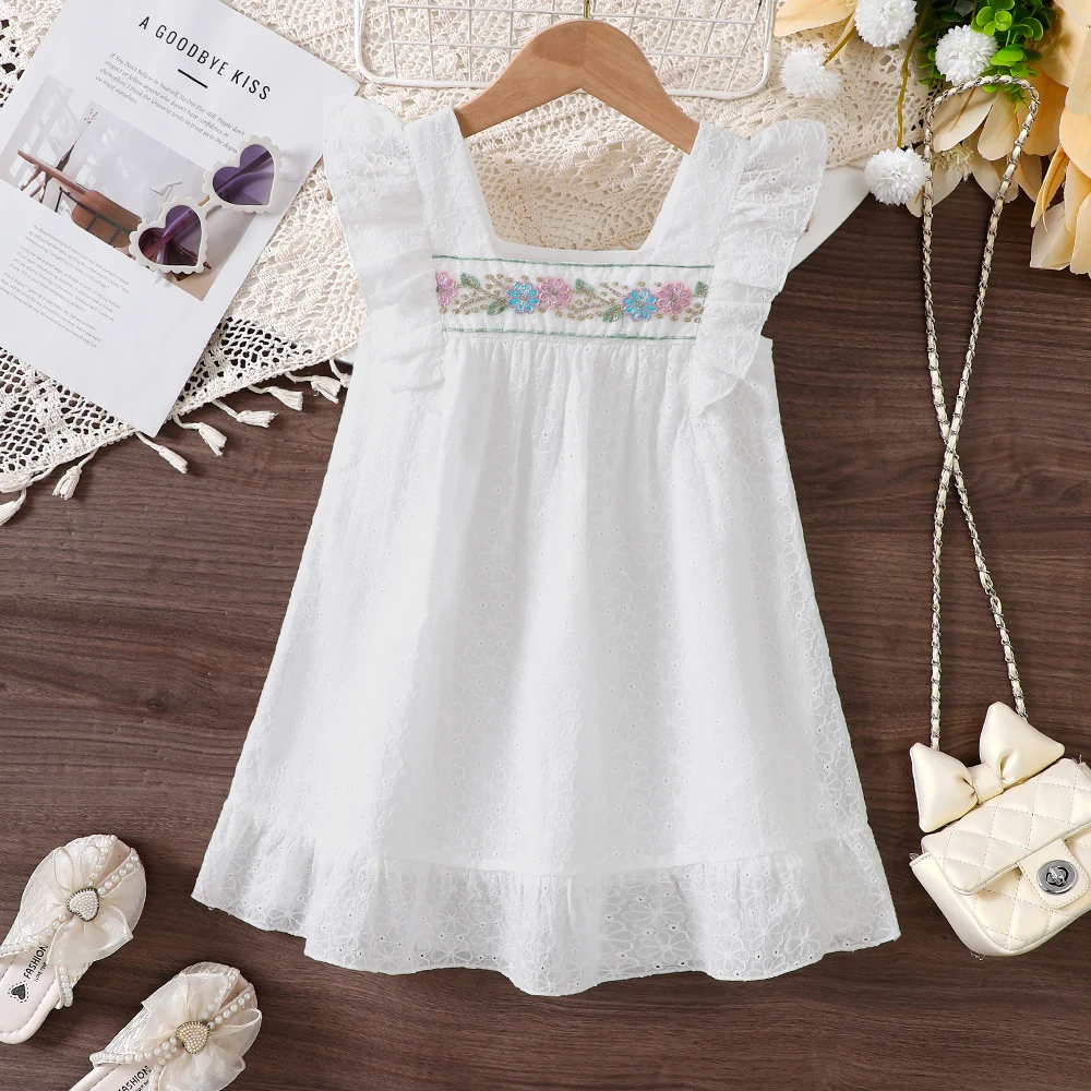 New Spring and Summer Retro Embroidered Flounce Dress for Girls