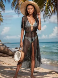 Long Beach Dresses for Woman Black Long Cardigan Dress Solid Beachwear Outfits on The Sea praiaa feminino roupas de banho 2024