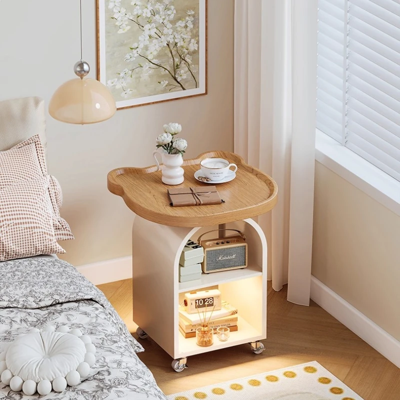 Cream Rolling Side Table with Wheels 2-Tier Metal End Table for Small SpaceLarge Top Storage Nightstand Living Bedroom Furniture