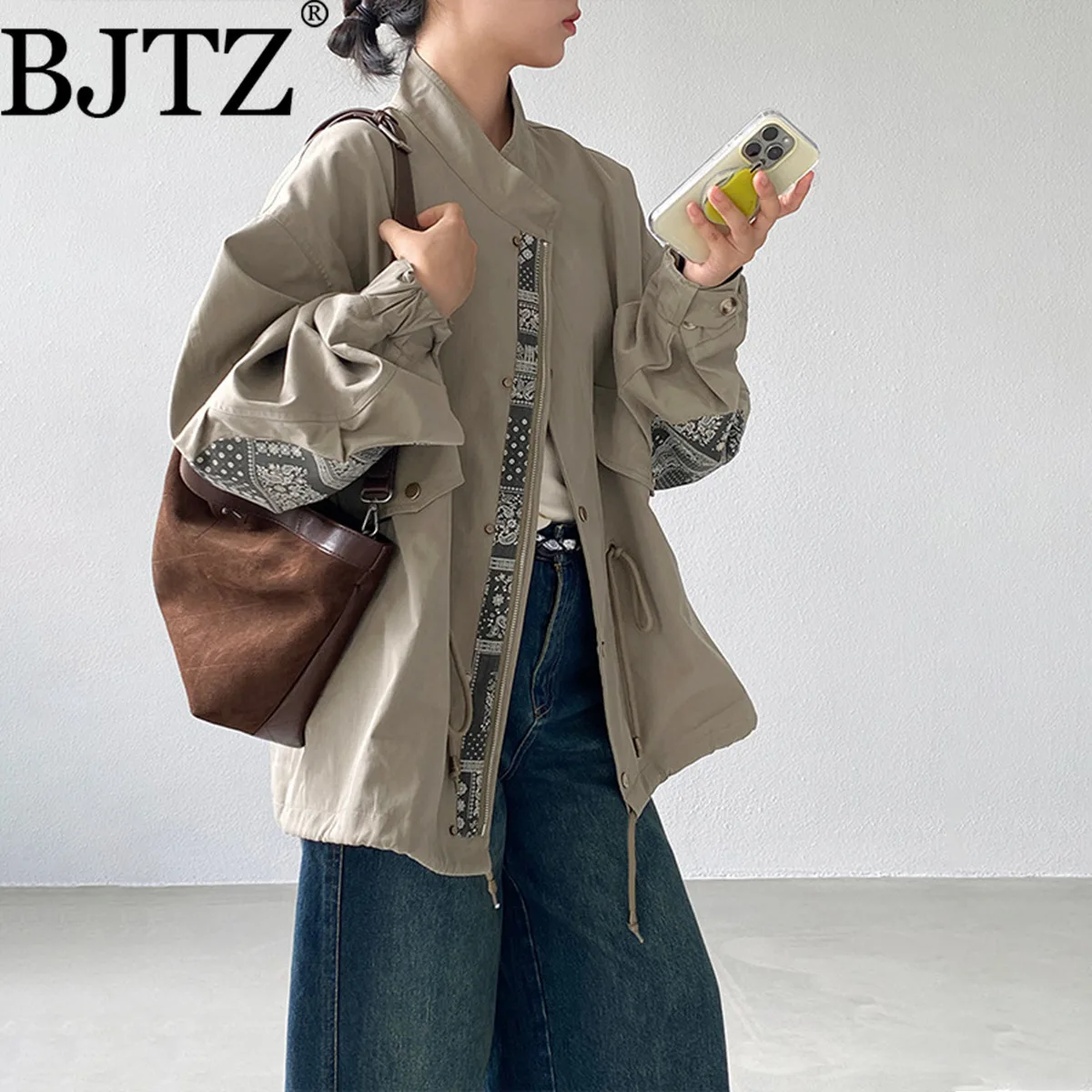 

BJTZ Retro Workwear Color Block Trench Coat Women Mid-Length Petite Heavy Duty Jacket 2025 Spring Autumn New Trend