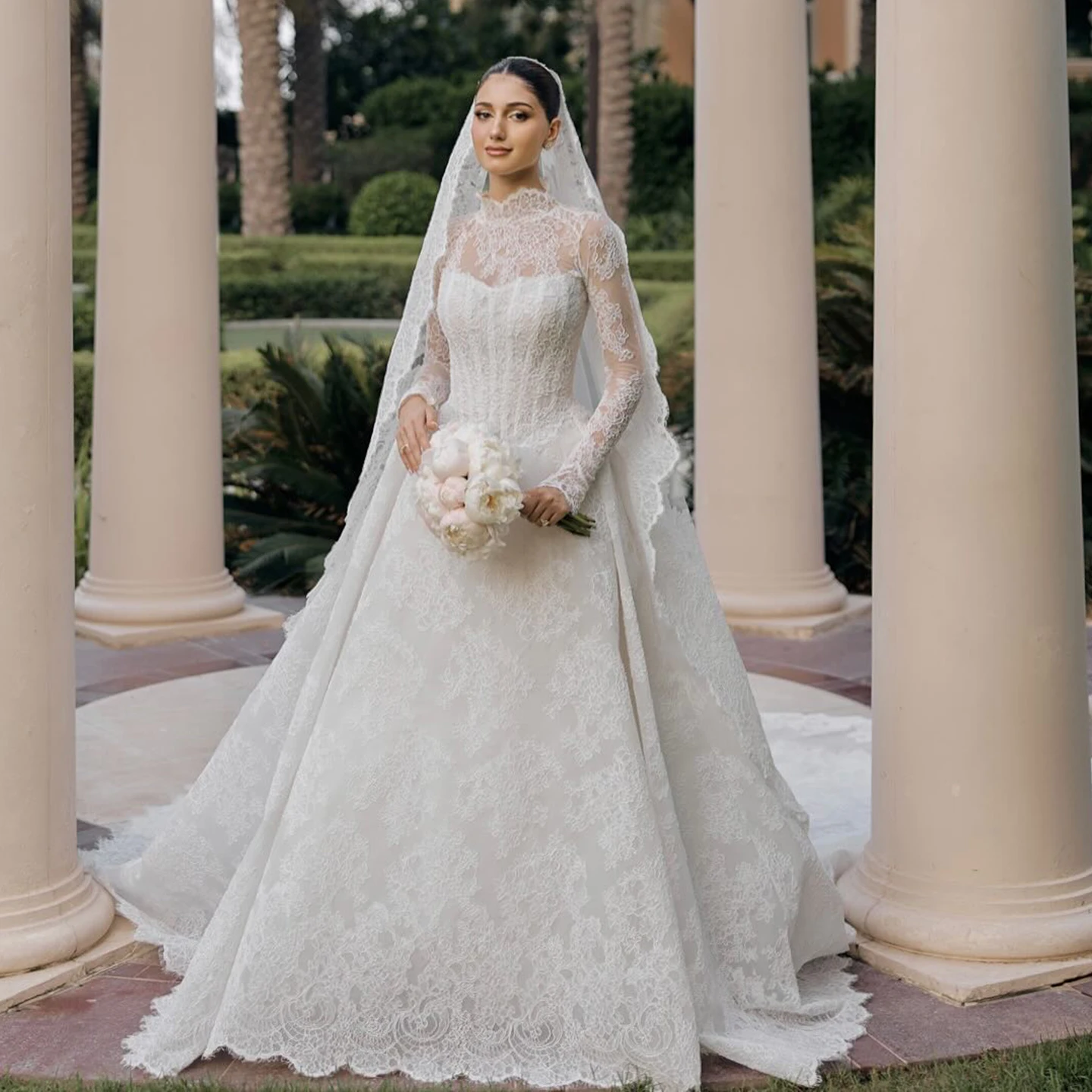 

Sharon Said Luxury White Ball Gown Wedding Dress Long Sleeve Lace High Neck Bride Gowns 2026 SW519 Customized