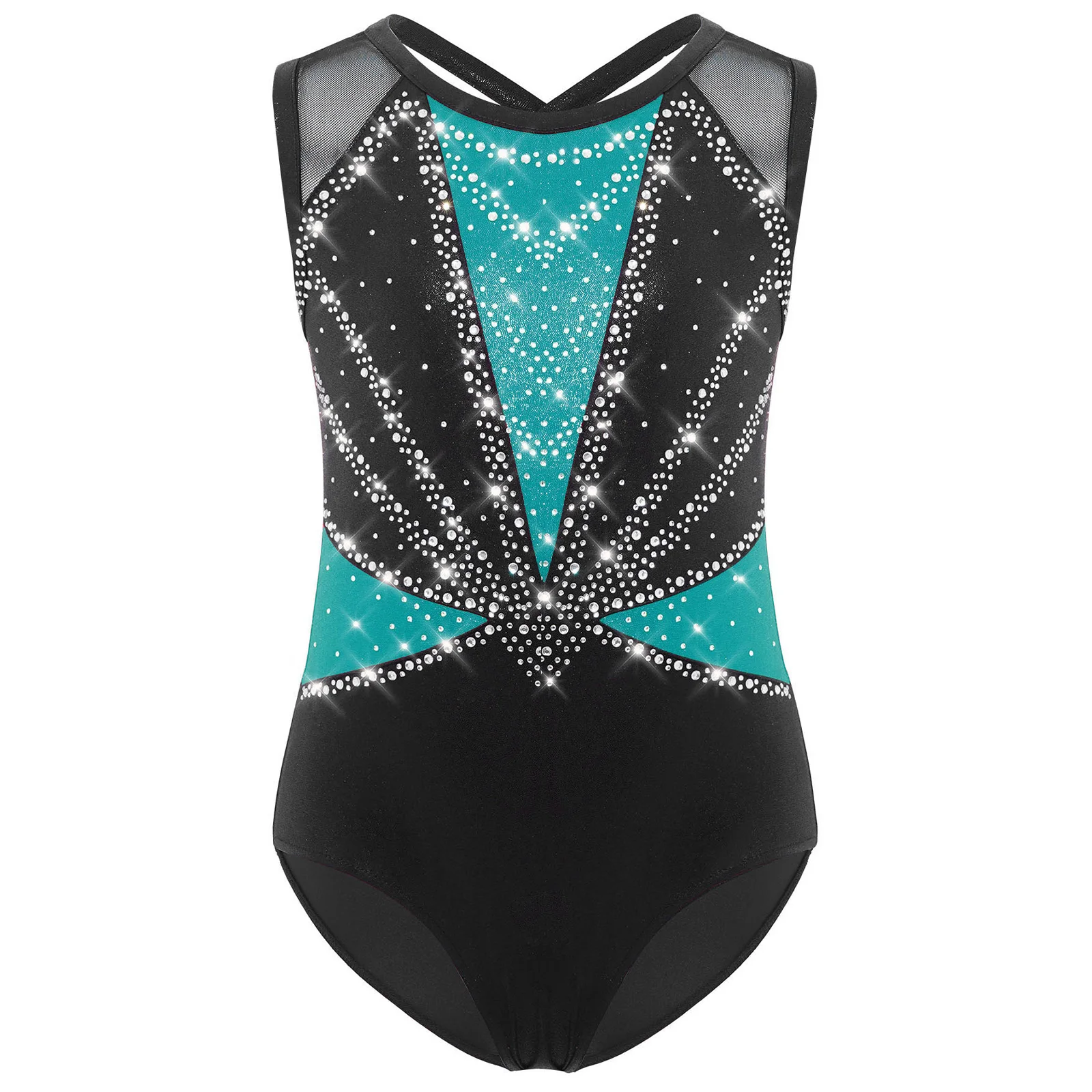 Kinderen meisjes ballet dans turnpakje gymnastiek prestatie kostuum mouwloos kriskras rug strass metallic schaatsen bodysuit