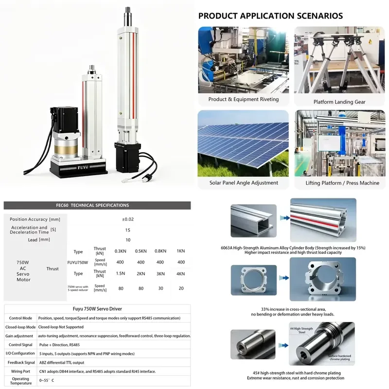 400kg Thrust IP65 Electric Actuator Linear Telescoping Rod 0.02mm Position Accuracy Ball Screw Servo Cylinder